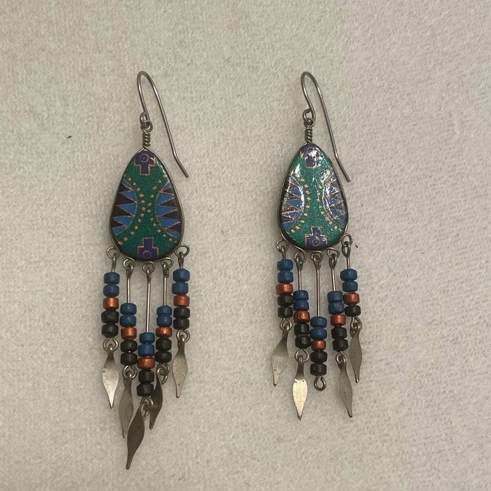 Vintage Southwestern Enamel Beaded Dangle Earrings, Boho Tribal, Native Style